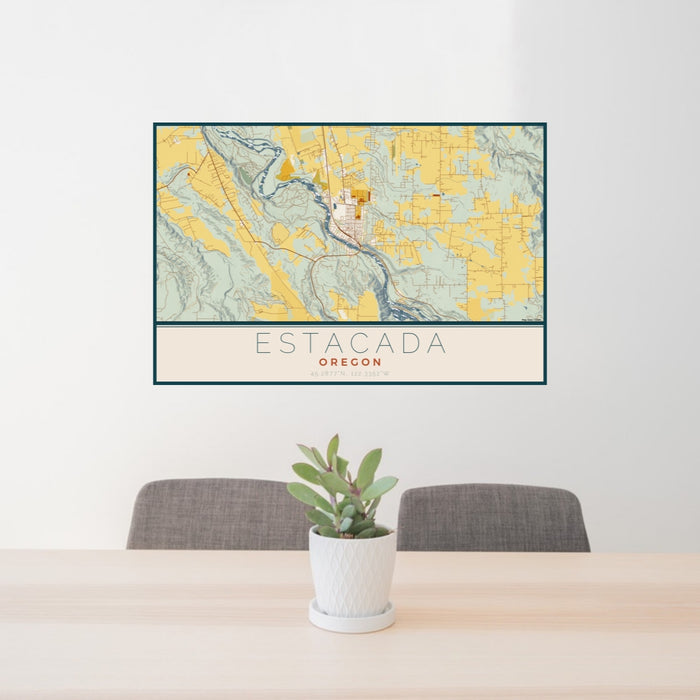 24x36 Estacada Oregon Map Print Lanscape Orientation in Woodblock Style Behind 2 Chairs Table and Potted Plant
