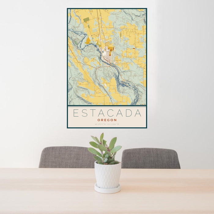 24x36 Estacada Oregon Map Print Portrait Orientation in Woodblock Style Behind 2 Chairs Table and Potted Plant
