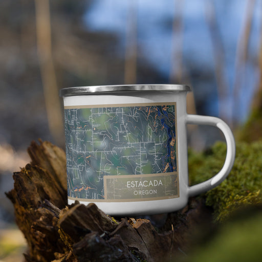 Right View Custom Estacada Oregon Map Enamel Mug in Afternoon on Grass With Trees in Background