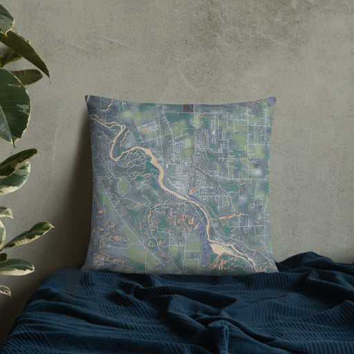 Custom Estacada Oregon Map Throw Pillow in Afternoon on Bedding Against Wall