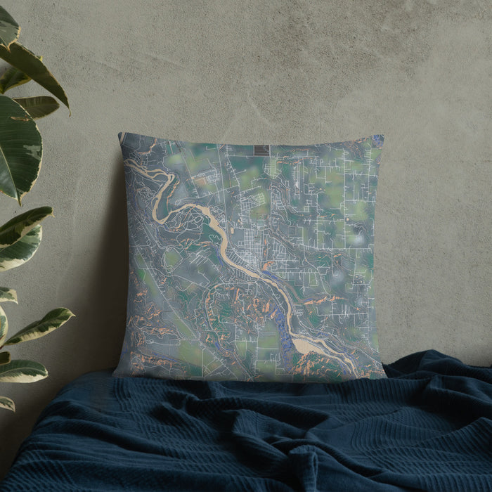 Custom Estacada Oregon Map Throw Pillow in Afternoon on Bedding Against Wall