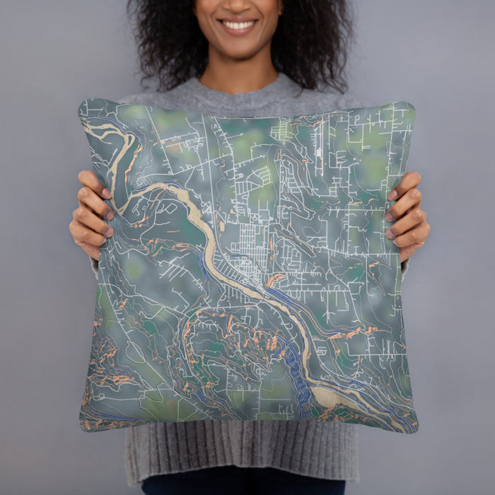 Person holding 18x18 Custom Estacada Oregon Map Throw Pillow in Afternoon