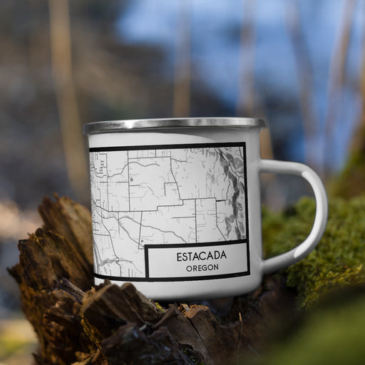 Right View Custom Estacada Oregon Map Enamel Mug in Classic on Grass With Trees in Background