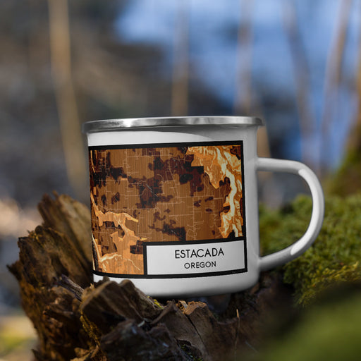 Right View Custom Estacada Oregon Map Enamel Mug in Ember on Grass With Trees in Background