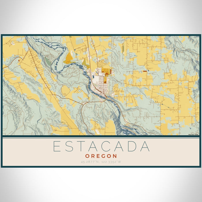 Estacada Oregon Map Print Landscape Orientation in Woodblock Style With Shaded Background