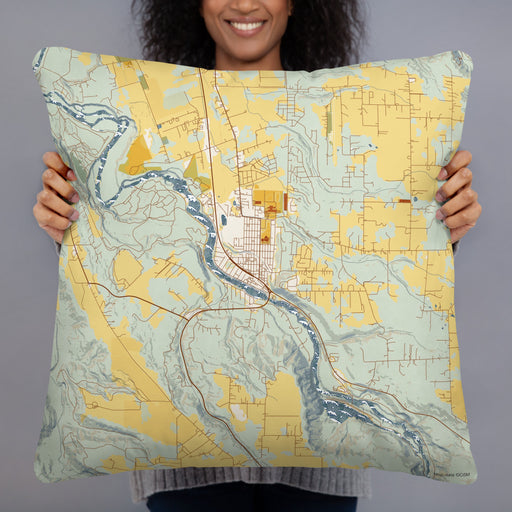 Person holding 22x22 Custom Estacada Oregon Map Throw Pillow in Woodblock