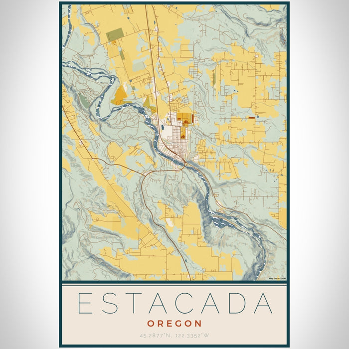 Estacada Oregon Map Print Portrait Orientation in Woodblock Style With Shaded Background