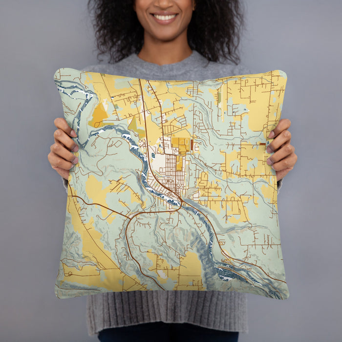 Person holding 18x18 Custom Estacada Oregon Map Throw Pillow in Woodblock