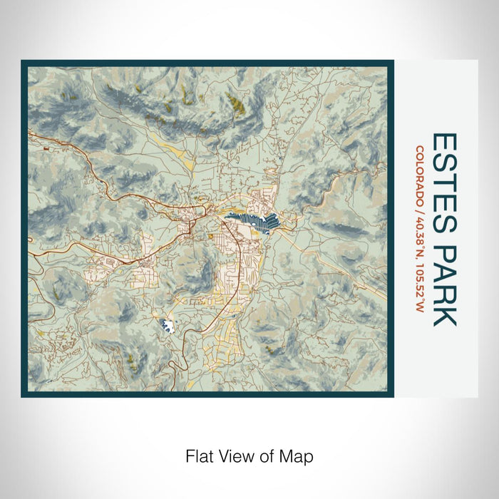 Rendered View of Estes Park Colorado Map on 20oz Stainless Steel Insulated Bottle with Bamboo Top with printed woodblock style map