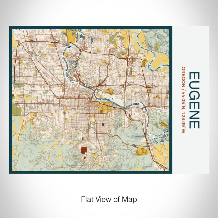 Rendered View of Eugene Oregon Map on 20oz Stainless Steel Insulated Bottle with Bamboo Top with printed woodblock style map