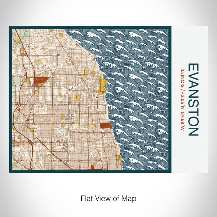 Rendered View of Evanston Illinois Map on 20oz Stainless Steel Insulated Bottle with Bamboo Top with printed woodblock style map