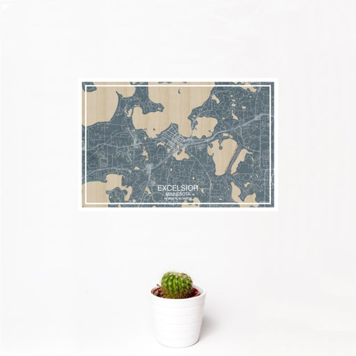 12x18 Excelsior Minnesota Map Print Landscape Orientation in Afternoon Style With Small Cactus Plant in White Planter