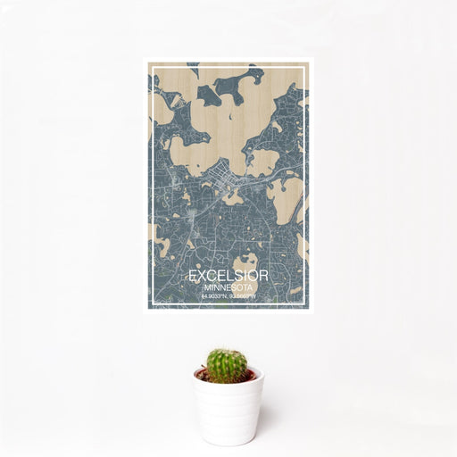 12x18 Excelsior Minnesota Map Print Portrait Orientation in Afternoon Style With Small Cactus Plant in White Planter