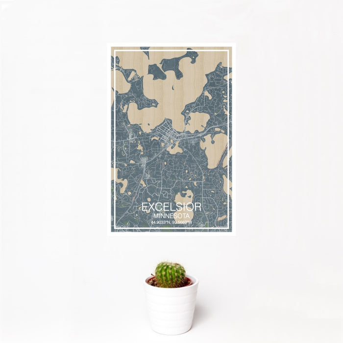 12x18 Excelsior Minnesota Map Print Portrait Orientation in Afternoon Style With Small Cactus Plant in White Planter