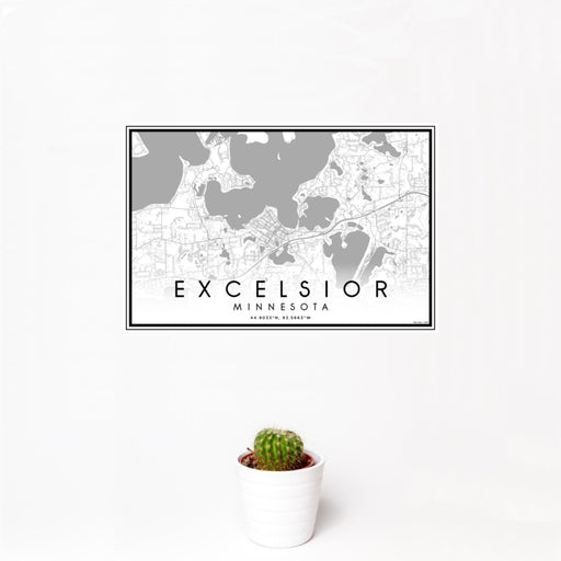 12x18 Excelsior Minnesota Map Print Landscape Orientation in Classic Style With Small Cactus Plant in White Planter