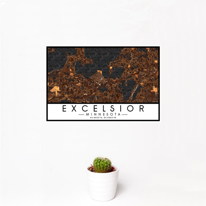 12x18 Excelsior Minnesota Map Print Landscape Orientation in Ember Style With Small Cactus Plant in White Planter
