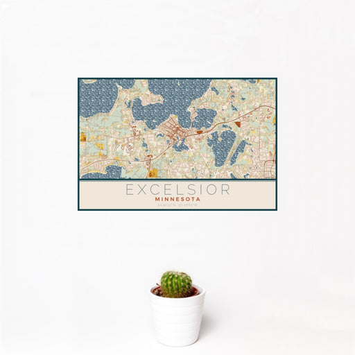 12x18 Excelsior Minnesota Map Print Landscape Orientation in Woodblock Style With Small Cactus Plant in White Planter