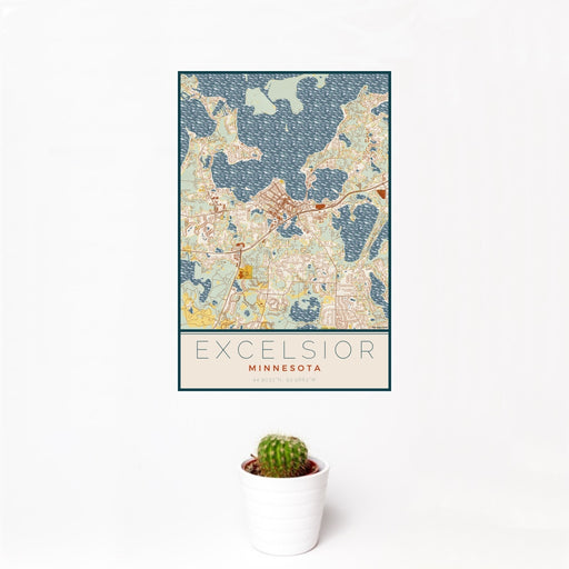 12x18 Excelsior Minnesota Map Print Portrait Orientation in Woodblock Style With Small Cactus Plant in White Planter