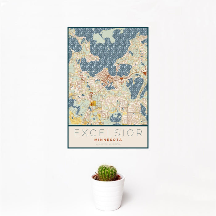 12x18 Excelsior Minnesota Map Print Portrait Orientation in Woodblock Style With Small Cactus Plant in White Planter