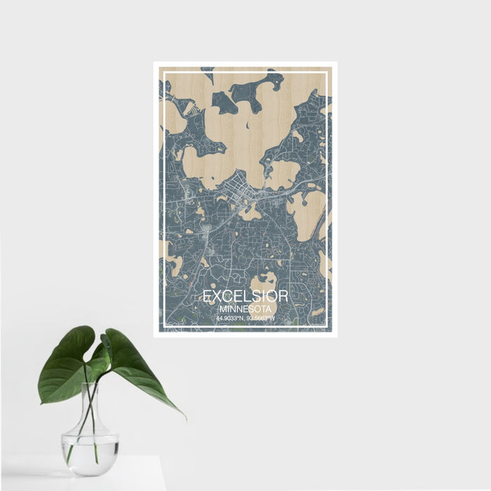 16x24 Excelsior Minnesota Map Print Portrait Orientation in Afternoon Style With Tropical Plant Leaves in Water