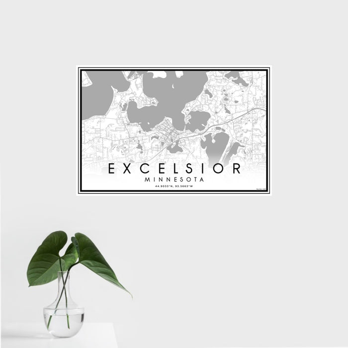 16x24 Excelsior Minnesota Map Print Landscape Orientation in Classic Style With Tropical Plant Leaves in Water