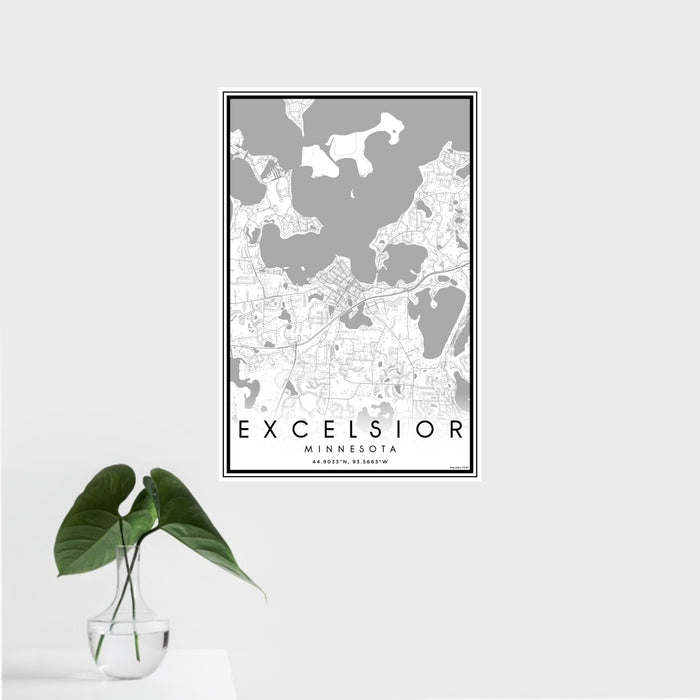 16x24 Excelsior Minnesota Map Print Portrait Orientation in Classic Style With Tropical Plant Leaves in Water