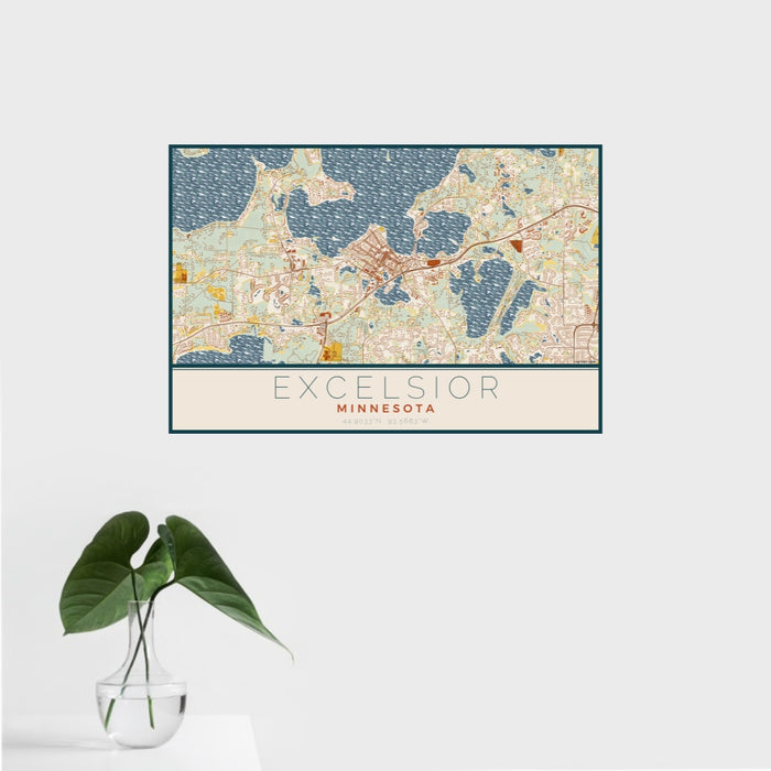 16x24 Excelsior Minnesota Map Print Landscape Orientation in Woodblock Style With Tropical Plant Leaves in Water