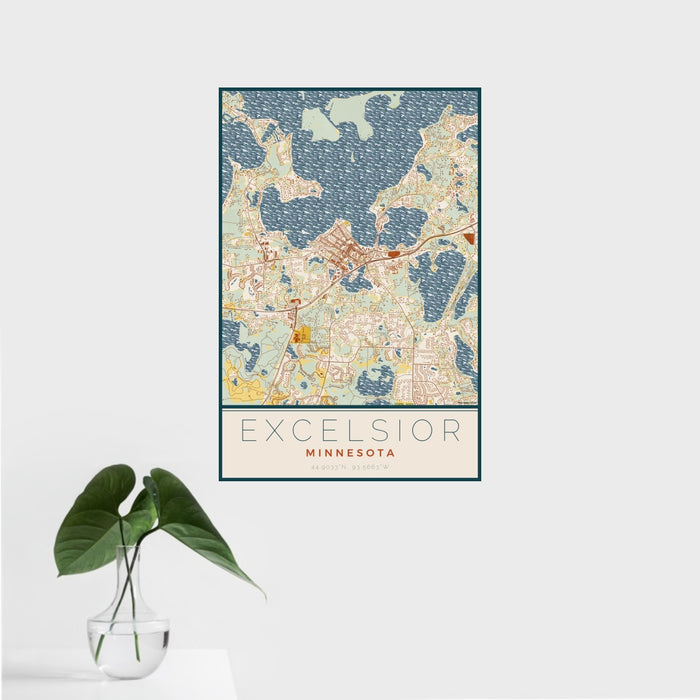 16x24 Excelsior Minnesota Map Print Portrait Orientation in Woodblock Style With Tropical Plant Leaves in Water