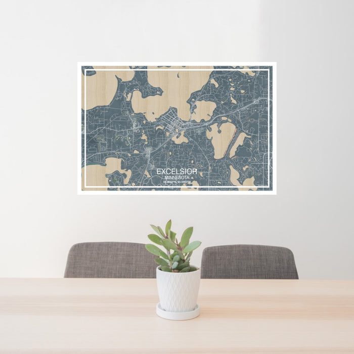 24x36 Excelsior Minnesota Map Print Landscape Orientation in Afternoon Style Behind 2 Chairs Table and Potted Plant