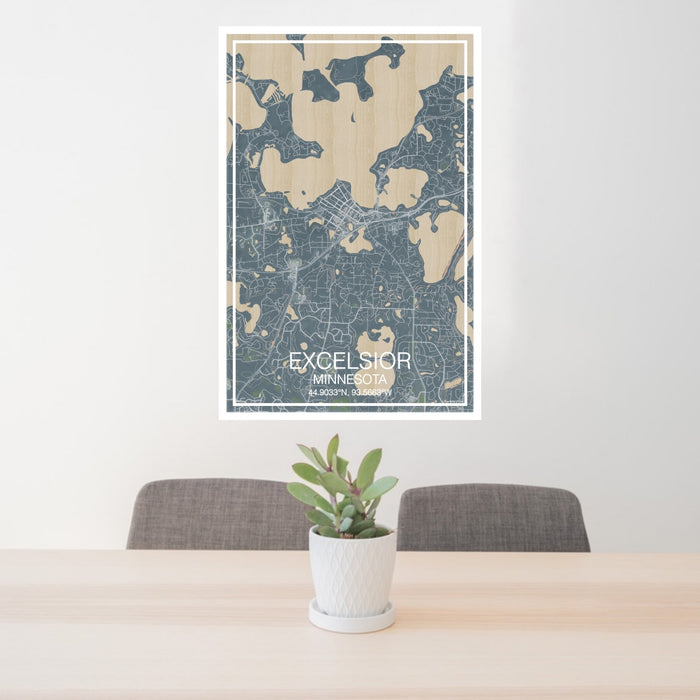 24x36 Excelsior Minnesota Map Print Portrait Orientation in Afternoon Style Behind 2 Chairs Table and Potted Plant