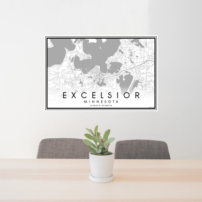 24x36 Excelsior Minnesota Map Print Landscape Orientation in Classic Style Behind 2 Chairs Table and Potted Plant