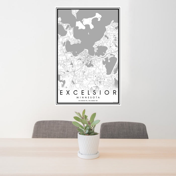 24x36 Excelsior Minnesota Map Print Portrait Orientation in Classic Style Behind 2 Chairs Table and Potted Plant