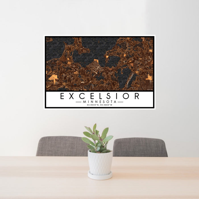 24x36 Excelsior Minnesota Map Print Landscape Orientation in Ember Style Behind 2 Chairs Table and Potted Plant