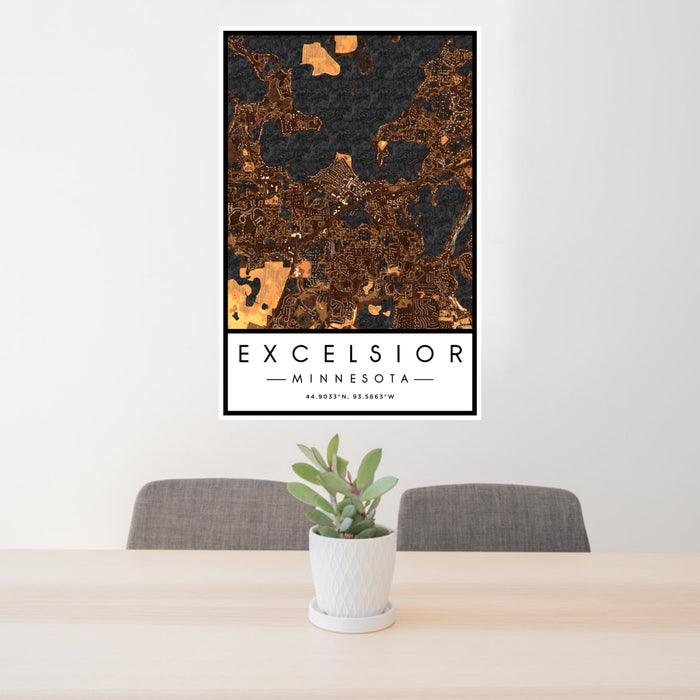 24x36 Excelsior Minnesota Map Print Portrait Orientation in Ember Style Behind 2 Chairs Table and Potted Plant