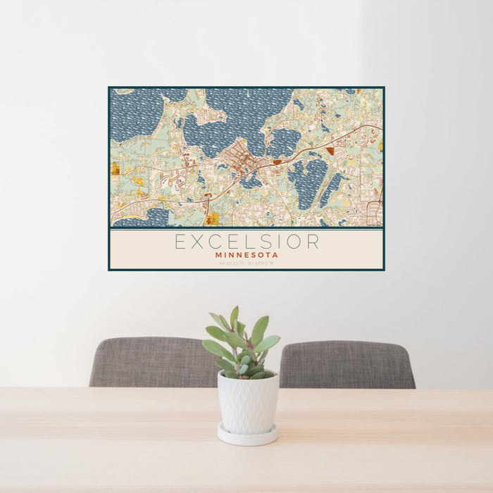 24x36 Excelsior Minnesota Map Print Landscape Orientation in Woodblock Style Behind 2 Chairs Table and Potted Plant