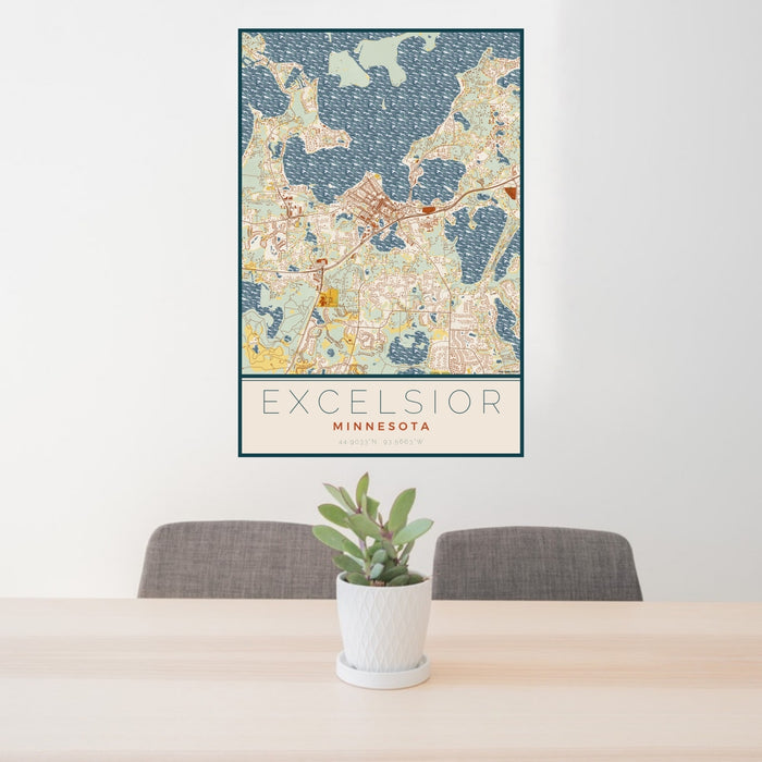 24x36 Excelsior Minnesota Map Print Portrait Orientation in Woodblock Style Behind 2 Chairs Table and Potted Plant