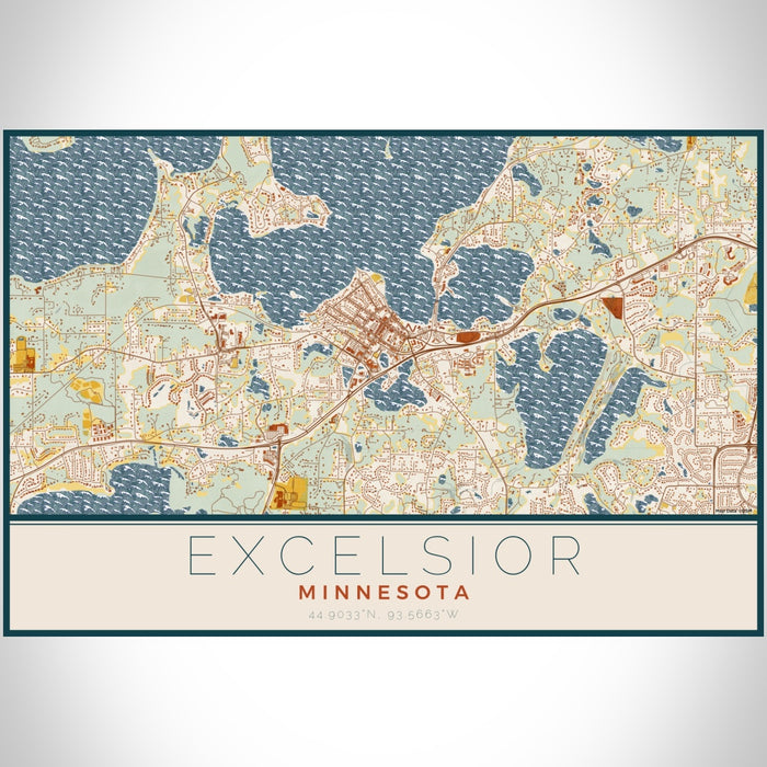 Excelsior Minnesota Map Print Landscape Orientation in Woodblock Style With Shaded Background