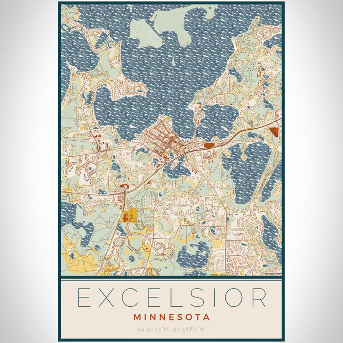 Excelsior Minnesota Map Print Portrait Orientation in Woodblock Style With Shaded Background