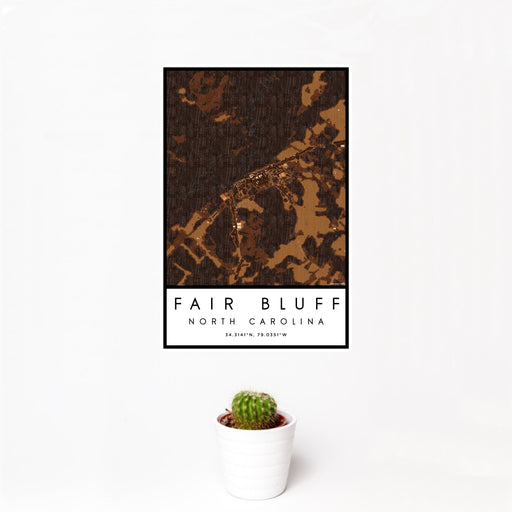 12x18 Fair Bluff North Carolina Map Print Portrait Orientation in Ember Style With Small Cactus Plant in White Planter