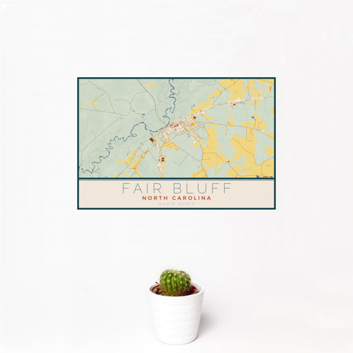 12x18 Fair Bluff North Carolina Map Print Landscape Orientation in Woodblock Style With Small Cactus Plant in White Planter