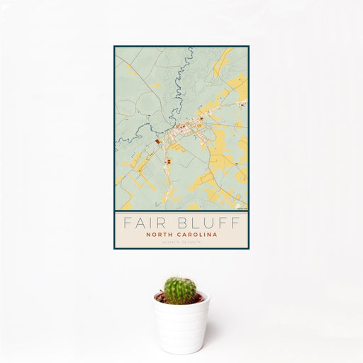 12x18 Fair Bluff North Carolina Map Print Portrait Orientation in Woodblock Style With Small Cactus Plant in White Planter