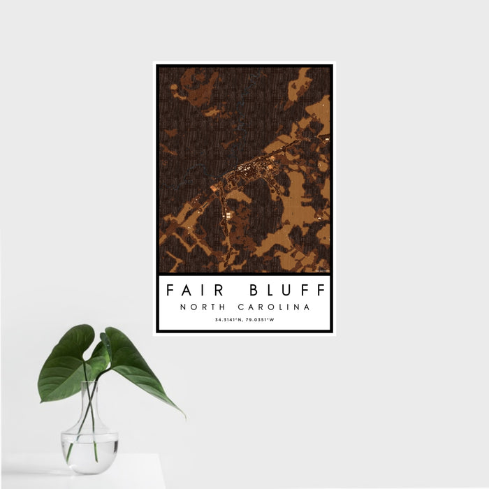 16x24 Fair Bluff North Carolina Map Print Portrait Orientation in Ember Style With Tropical Plant Leaves in Water