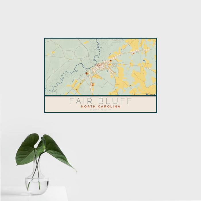 16x24 Fair Bluff North Carolina Map Print Landscape Orientation in Woodblock Style With Tropical Plant Leaves in Water