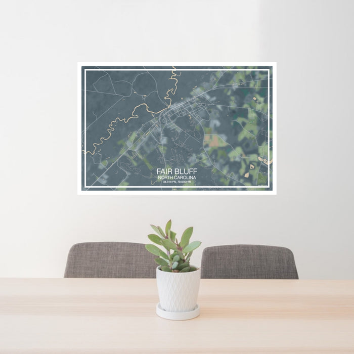 24x36 Fair Bluff North Carolina Map Print Landscape Orientation in Afternoon Style Behind 2 Chairs Table and Potted Plant