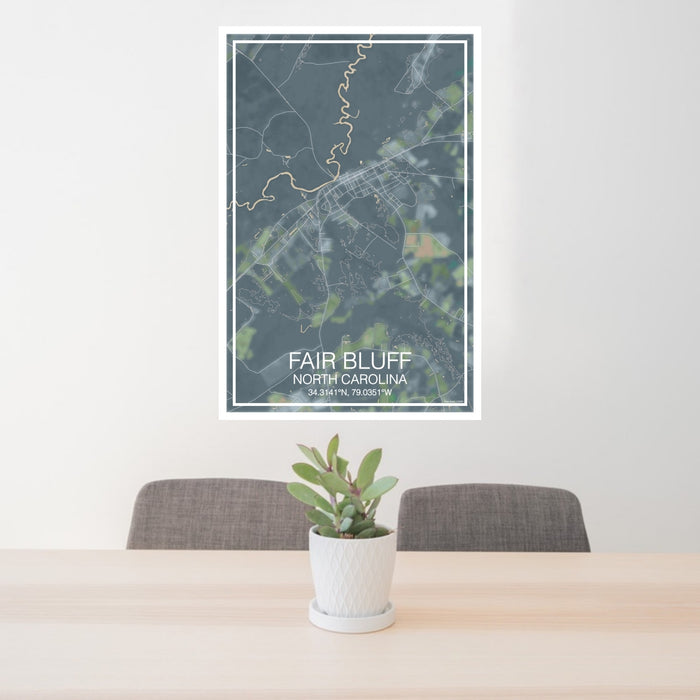 24x36 Fair Bluff North Carolina Map Print Portrait Orientation in Afternoon Style Behind 2 Chairs Table and Potted Plant