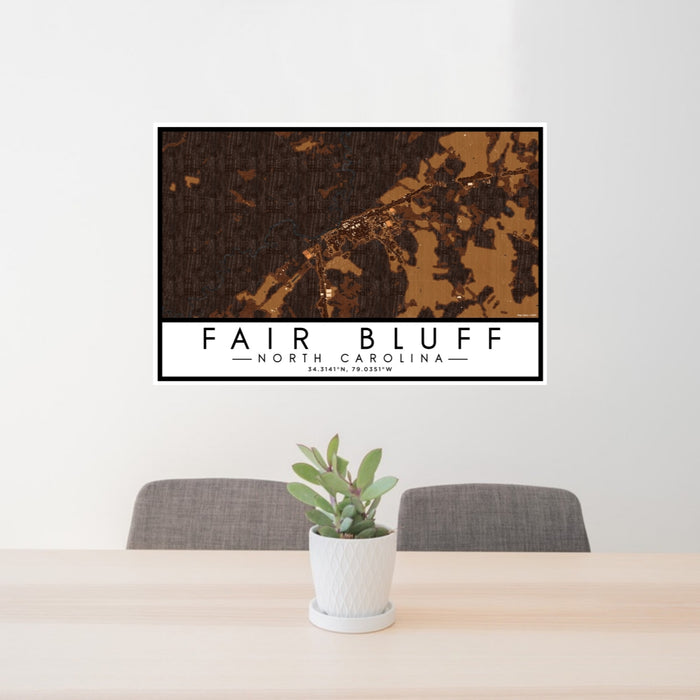24x36 Fair Bluff North Carolina Map Print Landscape Orientation in Ember Style Behind 2 Chairs Table and Potted Plant