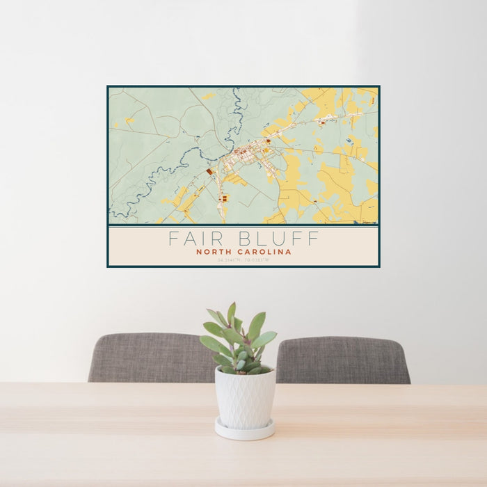 24x36 Fair Bluff North Carolina Map Print Landscape Orientation in Woodblock Style Behind 2 Chairs Table and Potted Plant