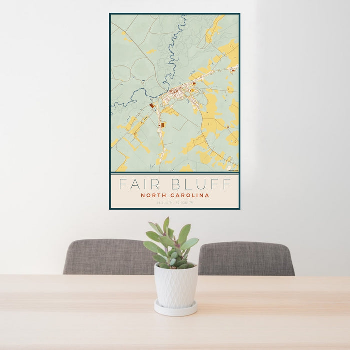 24x36 Fair Bluff North Carolina Map Print Portrait Orientation in Woodblock Style Behind 2 Chairs Table and Potted Plant
