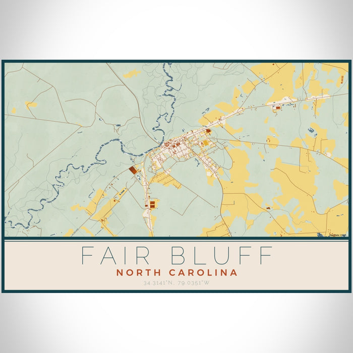 Fair Bluff North Carolina Map Print Landscape Orientation in Woodblock Style With Shaded Background