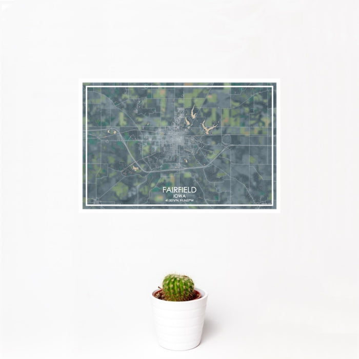 12x18 Fairfield Iowa Map Print Landscape Orientation in Afternoon Style With Small Cactus Plant in White Planter